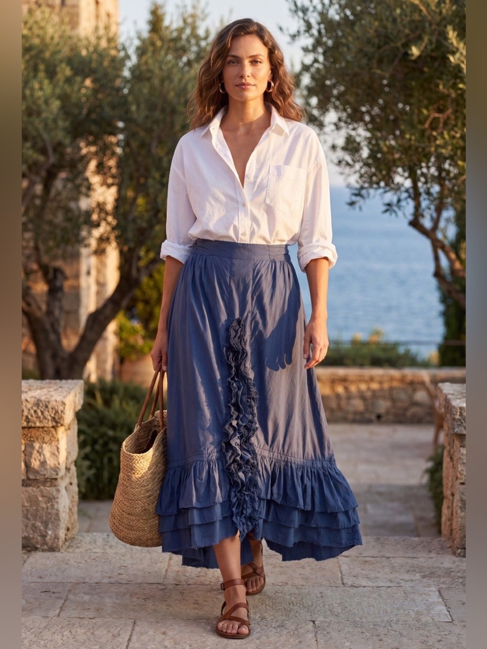 Women's Blue Ruffle Midi Skirt